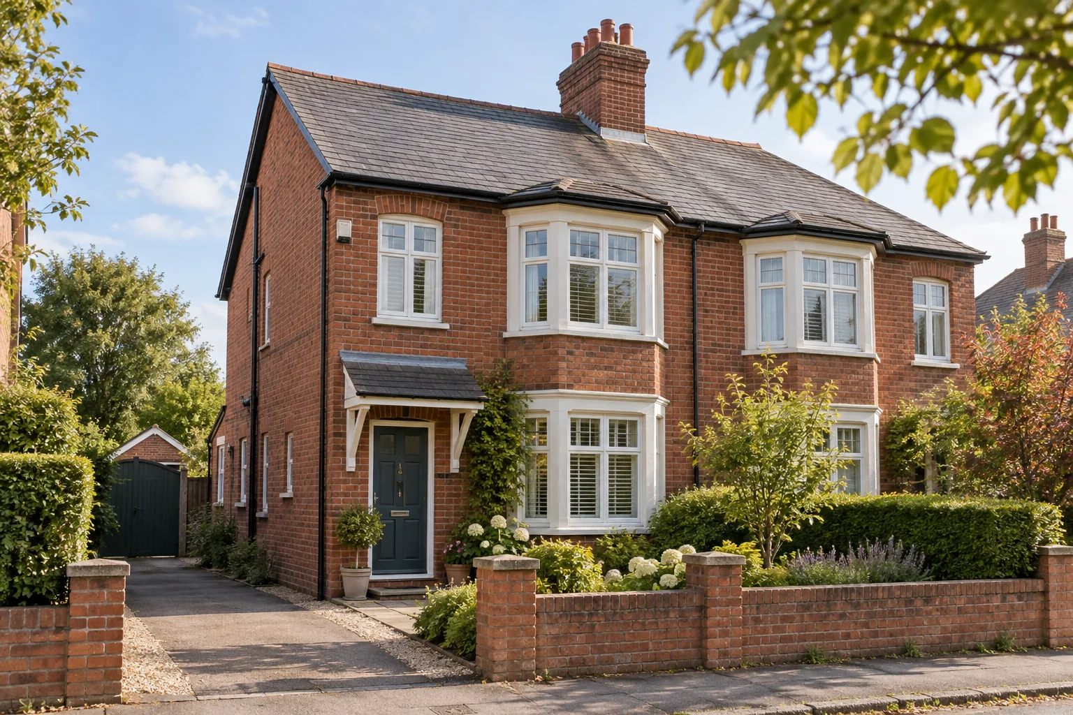 An illustrative red brick British home with a welcoming front garden
